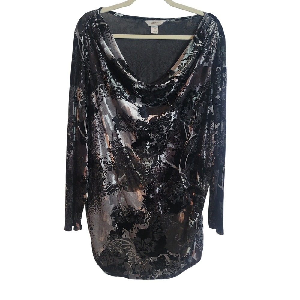CJ Banks Womens Size 2X Silver Black Burnout Velvet Cowl Neck Floral Tunic Top